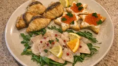 Italian Seafood Antipasti Trio: Anchovy Puff Pastry Fans, Roe Tartines & Citrus Swordfish